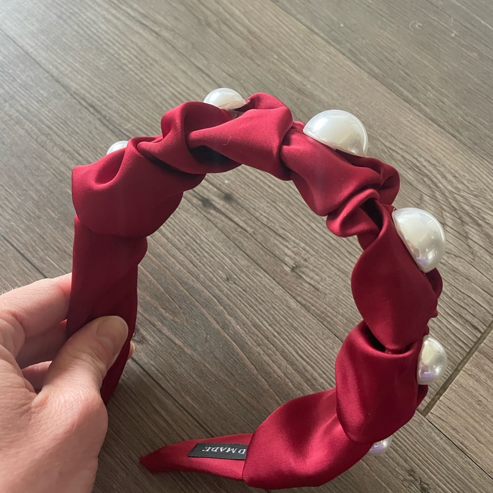 Anthropologie Satin Scrunch Red Pearl-Embellished Headband
